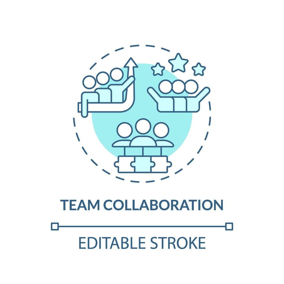 Mannschaft Zusammenarbeit Türkis Konzept Symbol. verbessern Kommunikation. Mitarbeiter Interaktion. Arbeiten zusammen. Mannschaft Geist abstrakt Idee dünn Linie Illustration. isoliert Gliederung Zeichnung. editierbar Schlaganfall vektor