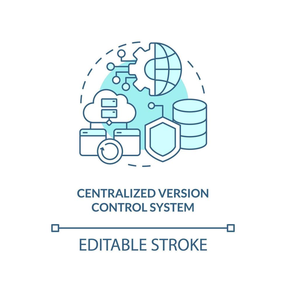 centraliserad version kontrollera systemet turkos begrepp ikon. datoranvändning teknologi abstrakt aning tunn linje illustration. isolerat översikt teckning. redigerbar stroke vektor