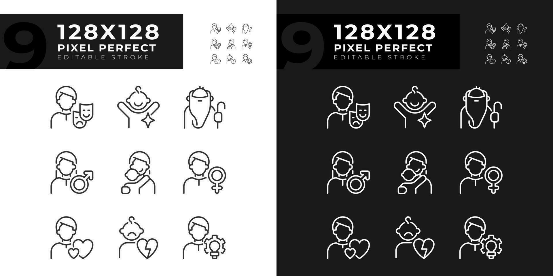 persönlich Eigenschaften Pixel perfekt linear Symbole einstellen zum dunkel, Licht Modus. Anima und Animus. Kind, verwaist. dünn Linie Symbole zum Nacht, Tag Thema. isoliert Illustrationen. editierbar Schlaganfall vektor