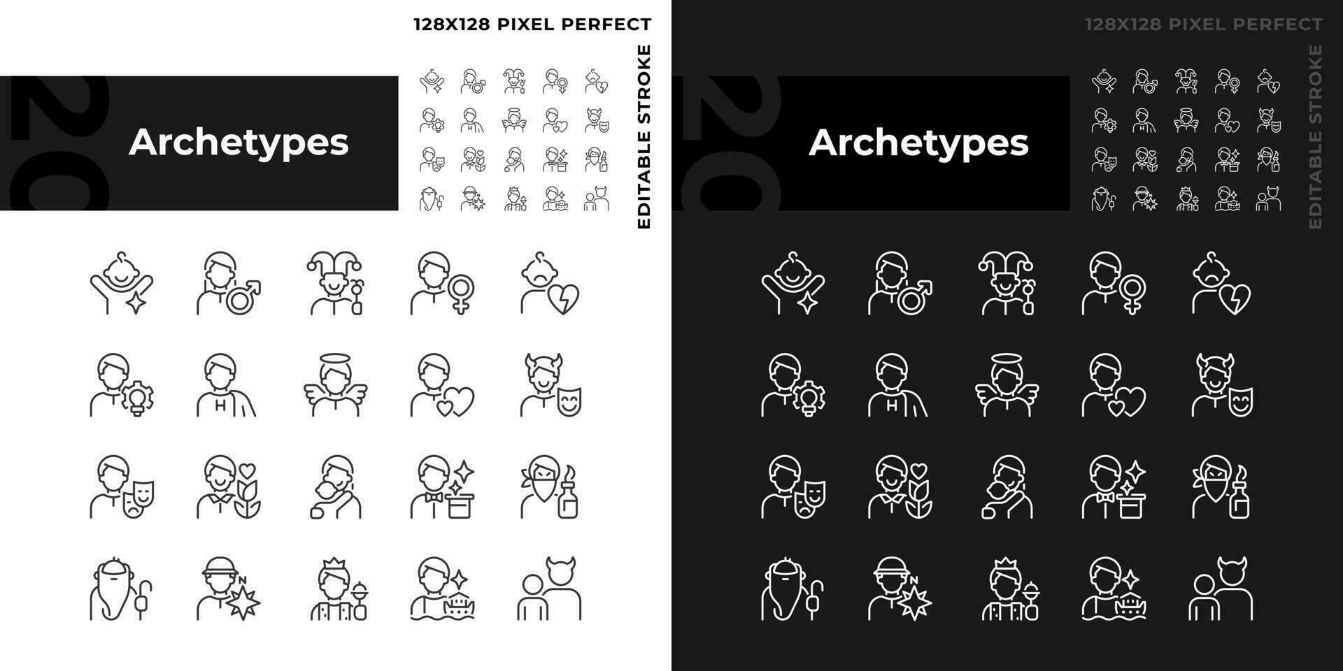 Charakter Archetypen Pixel perfekt linear Symbole einstellen zum dunkel, Licht Modus. persönlich Eigenschaften und Züge. dünn Linie Symbole zum Nacht, Tag Thema. isoliert Illustrationen. editierbar Schlaganfall vektor