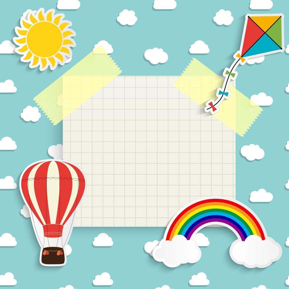 Kinderhintergrund mit Regenbogen, Sonne, Wolke, Drachen und Ballon vektor