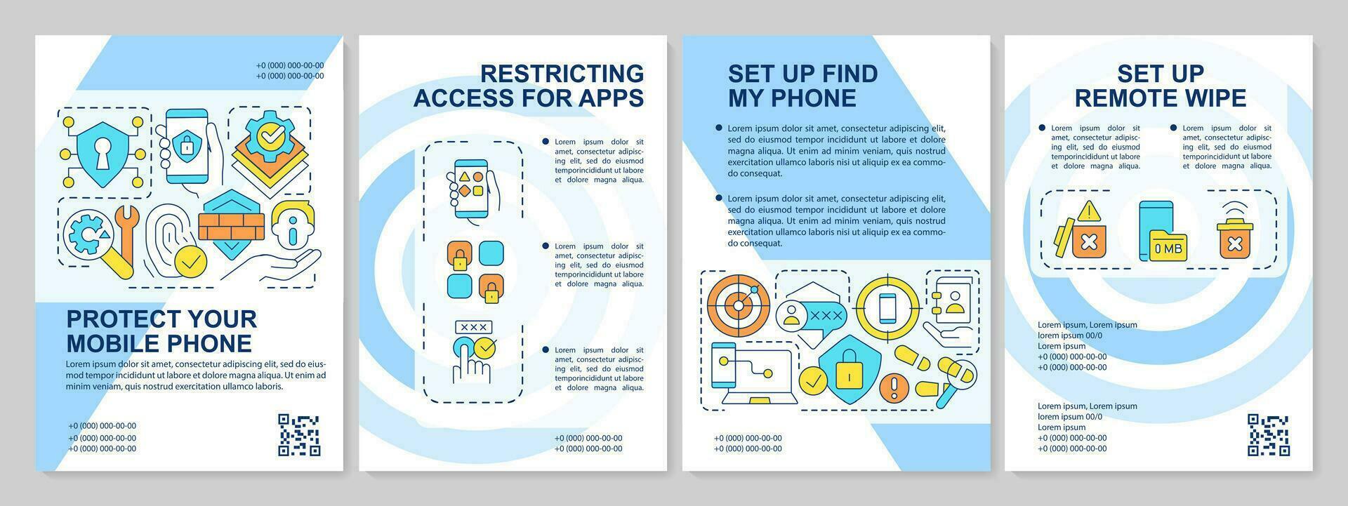 skydda mobil telefon blå broschyr mall. Cybersäkerhet. folder design med linjär ikoner. redigerbar 4 vektor layouter för presentation, årlig rapporter