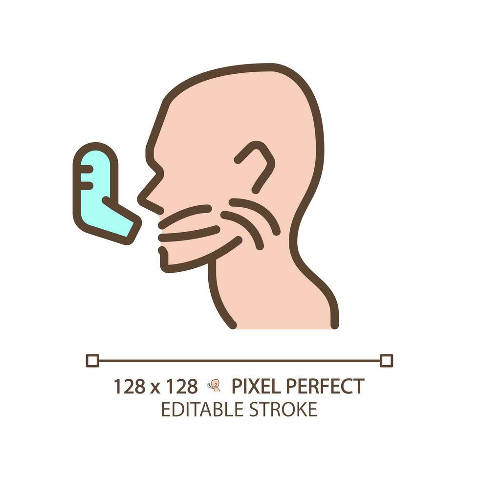 Asthma Pixel perfekt rgb Farbe Symbol. geduldig nehmen Medikation über Inhalator. chronisch Atmung Probleme. medizinisch Unterstützung. dünn Linie Illustration. Kontur Symbol. Vektor Gliederung Zeichnung. editierbar Schlaganfall