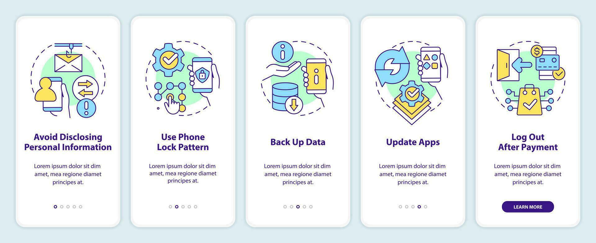 Tipps zu behalten Ihre Smartphone sichern Onboarding Handy, Mobiltelefon App Bildschirm. Komplettlösung 5 Schritte editierbar Grafik Anleitung mit linear Konzepte. ui, ux, gui Vorlage vektor