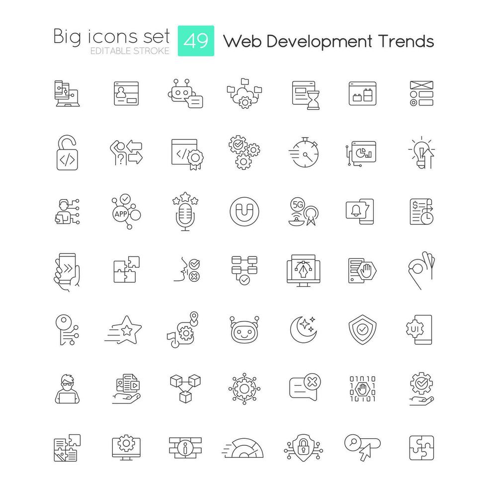 webb utveckling trender linjär stor ikoner uppsättning. användare erfarenhet. hemsida innovationer. digital teknologi framtida. anpassningsbar tunn linje symboler. isolerat vektor översikt illustrationer. redigerbar stroke