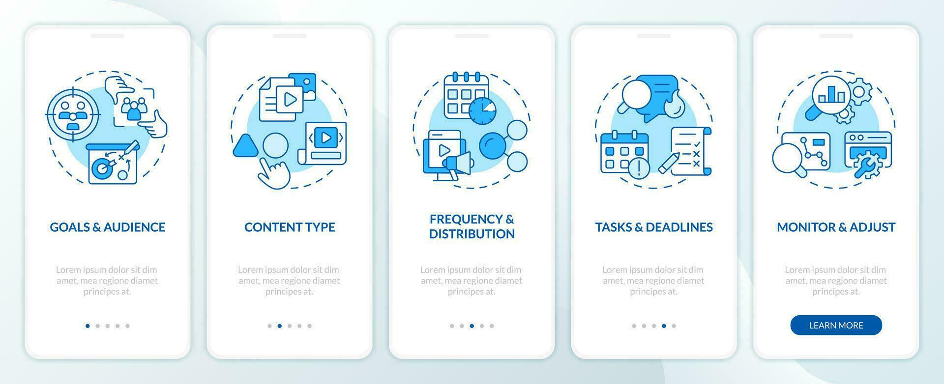 machen redaktionell Kalender Blau Onboarding Handy, Mobiltelefon App Bildschirm. Digital Marketing Komplettlösung 5 Schritte editierbar Grafik Anleitung mit Linie Konzepte. ux, gui Vorlage vektor