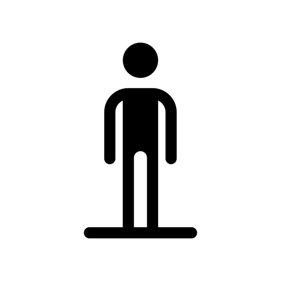 Stehen Fußgänger schwarz Glyphe ui Symbol. Person warten zu Kreuz Straße. Benutzer Schnittstelle Design. Silhouette Symbol auf Weiß Raum. solide Piktogramm zum Netz, Handy, Mobiltelefon. isoliert Vektor Illustration