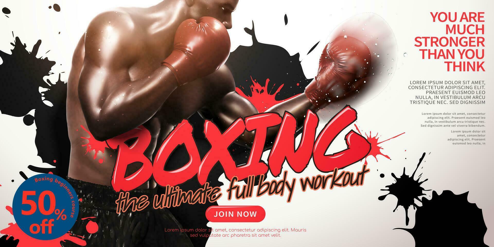 Boxen Klasse Anzeigen mit stark Boxer werfen Haken im 3d Illustration, Tinte beflecken auf Weiß Hintergrund vektor