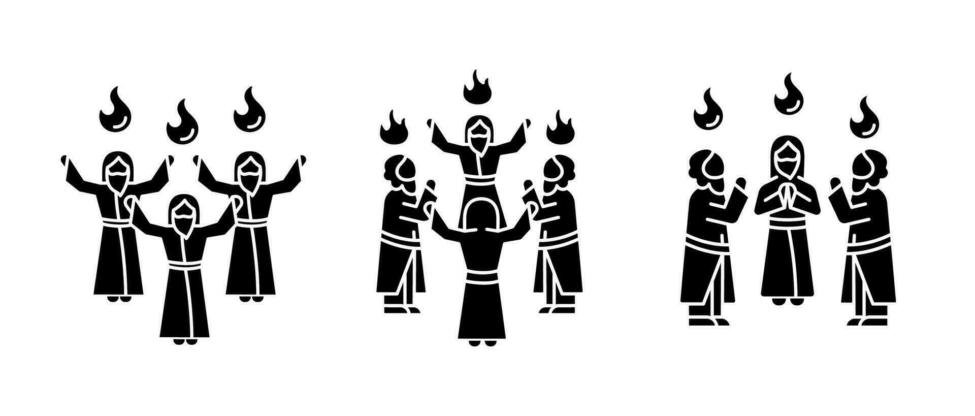 Pfingsten Sonntag schwarz Glyphe Symbole einstellen auf Weiß Raum. religiös Urlaub. früh Christentum. Zungen von heilig Feuer. Silhouette Symbole. solide Piktogramm Pack. Vektor isoliert Illustration