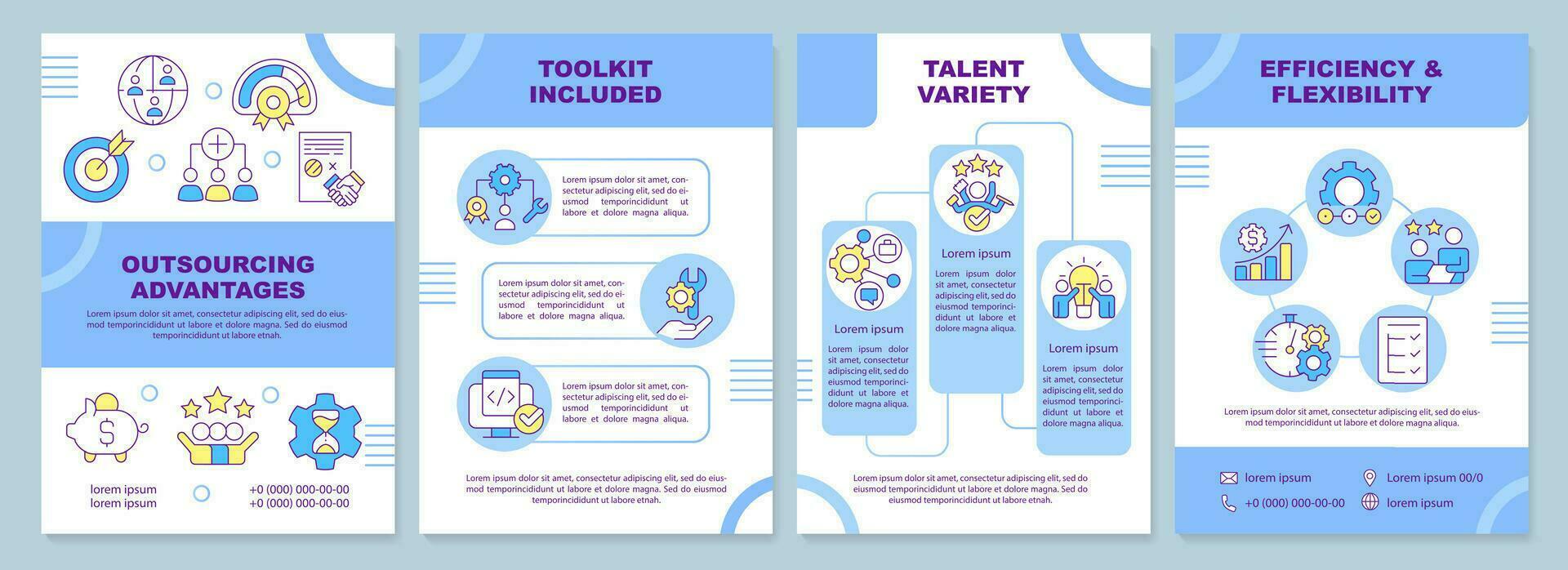 Auslagerung Vorteile Blau Broschüre Vorlage. Talent Vielfalt. Flugblatt Design mit linear Symbole. editierbar 4 Vektor Layouts zum Präsentation, jährlich Berichte