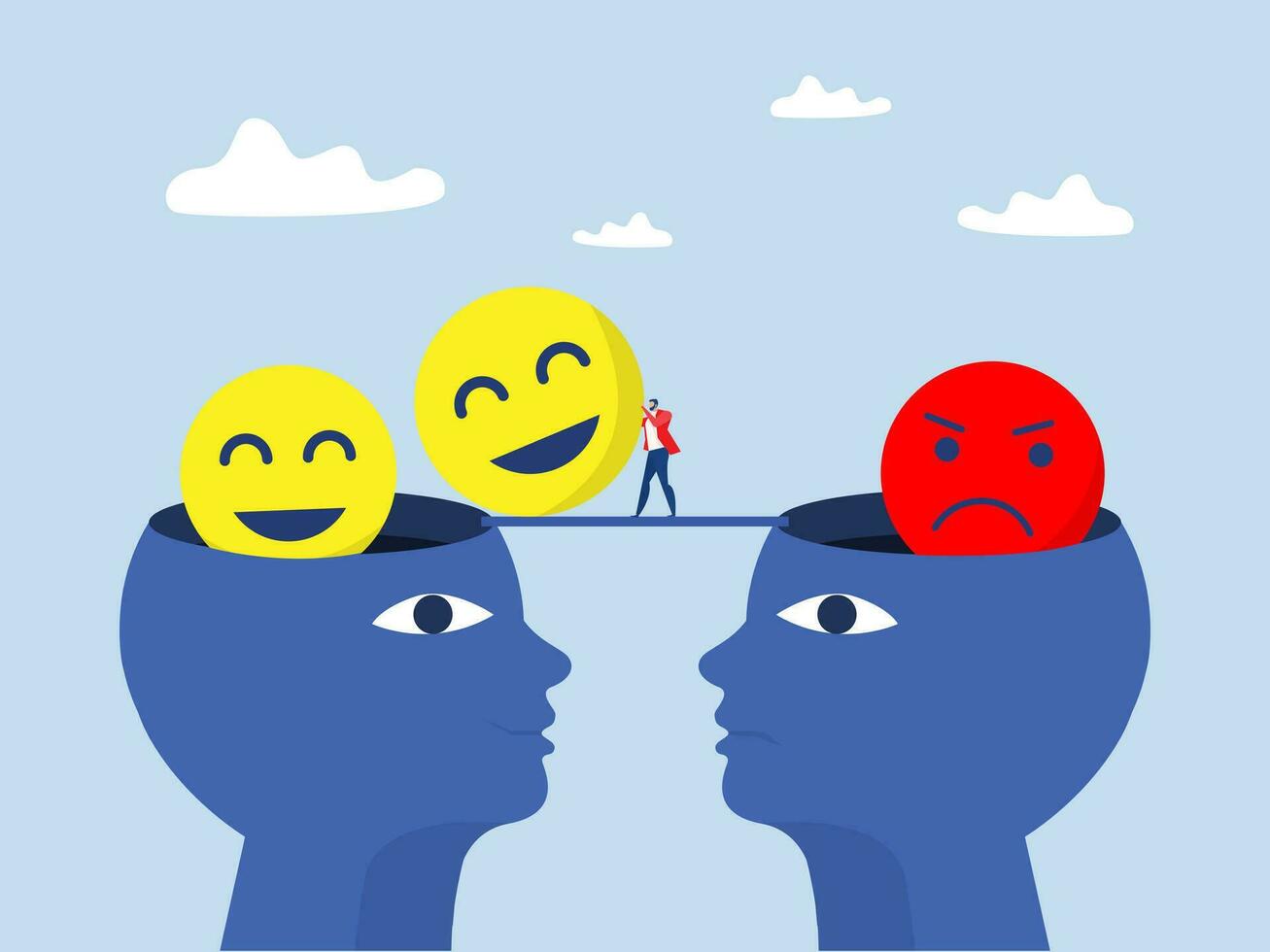 Geschäftsmann drücken positiv Denken auf Kopf Mensch von Negativität zu Positivität auf Neu Denkweise Vektor