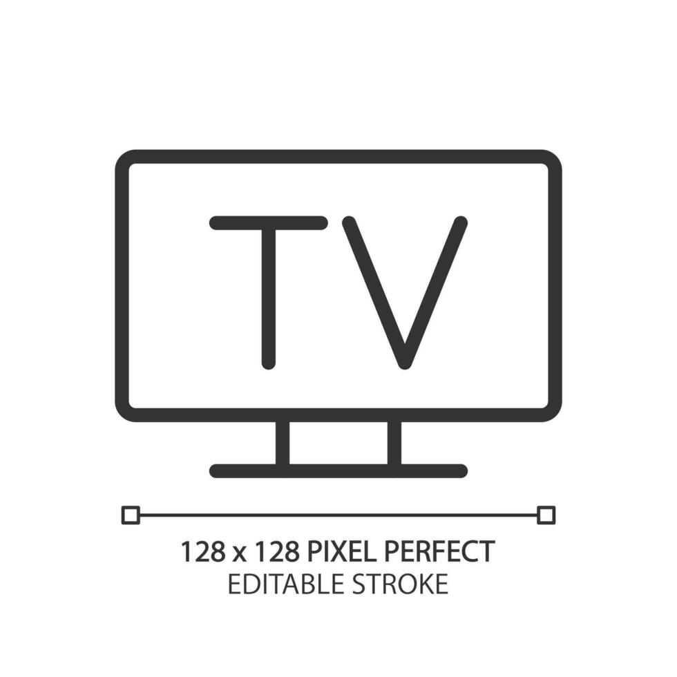 Fernsehen Pixel perfekt linear Symbol. Fernseher Rundfunk- Service. analog und Digital Technologie. Öffentlichkeit Dienstprogramm. dünn Linie Illustration. Kontur Symbol. Vektor Gliederung Zeichnung. editierbar Schlaganfall