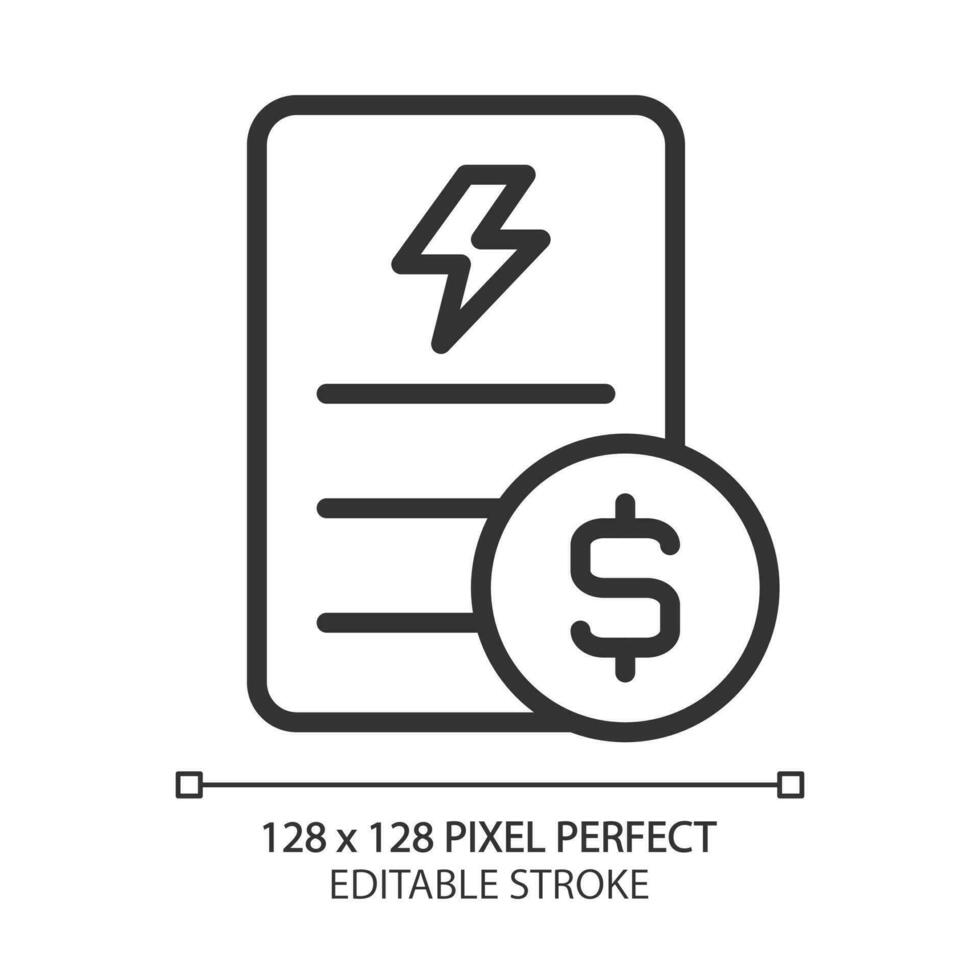 elektricitet räkningen pixel perfekt linjär ikon. offentlig verktyg service betalning. skuld för verktyg användande. faktura. tunn linje illustration. kontur symbol. vektor översikt teckning. redigerbar stroke