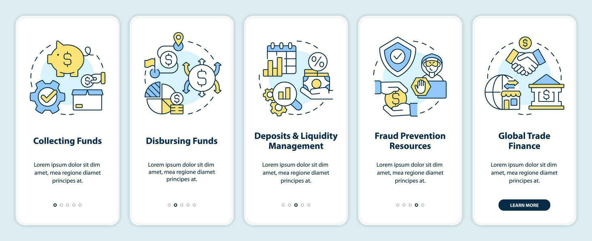 Schatzkammer Verwaltung Dienstleistungen Onboarding Handy, Mobiltelefon App Bildschirm. Komplettlösung 5 Schritte editierbar Grafik Anleitung mit linear Konzepte. ui, ux, gui Vorlage vektor