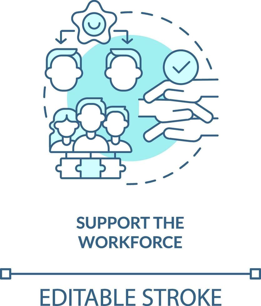 Unterstützung Belegschaft Türkis Konzept Symbol. Adressierung covid Einschlag auf Logistik abstrakt Idee dünn Linie Illustration. isoliert Gliederung Zeichnung. editierbar Schlaganfall vektor