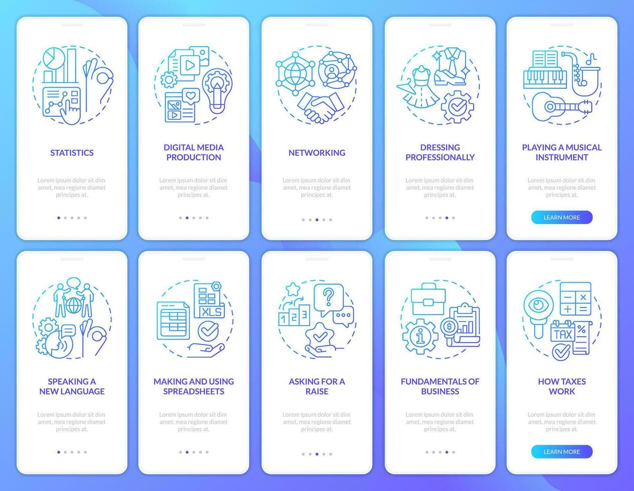 wichtig Kompetenzen zum Leben Blau Gradient Onboarding Handy, Mobiltelefon App Bildschirm Satz. Komplettlösung 5 Schritte Grafik Anleitung mit linear Konzepte. ui, ux, gui Vorlage vektor