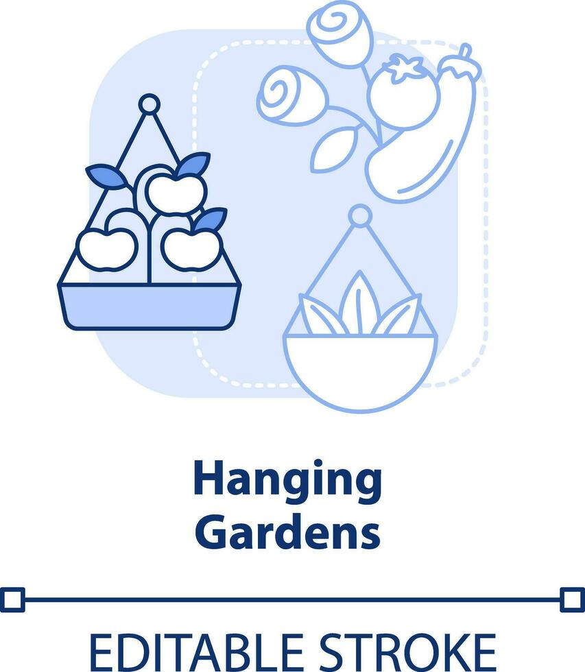 hängend Gardens Licht Blau Konzept Symbol. suspendiert Körbe. Gartenarbeit Methode abstrakt Idee dünn Linie Illustration. isoliert Gliederung Zeichnung. editierbar Schlaganfall vektor