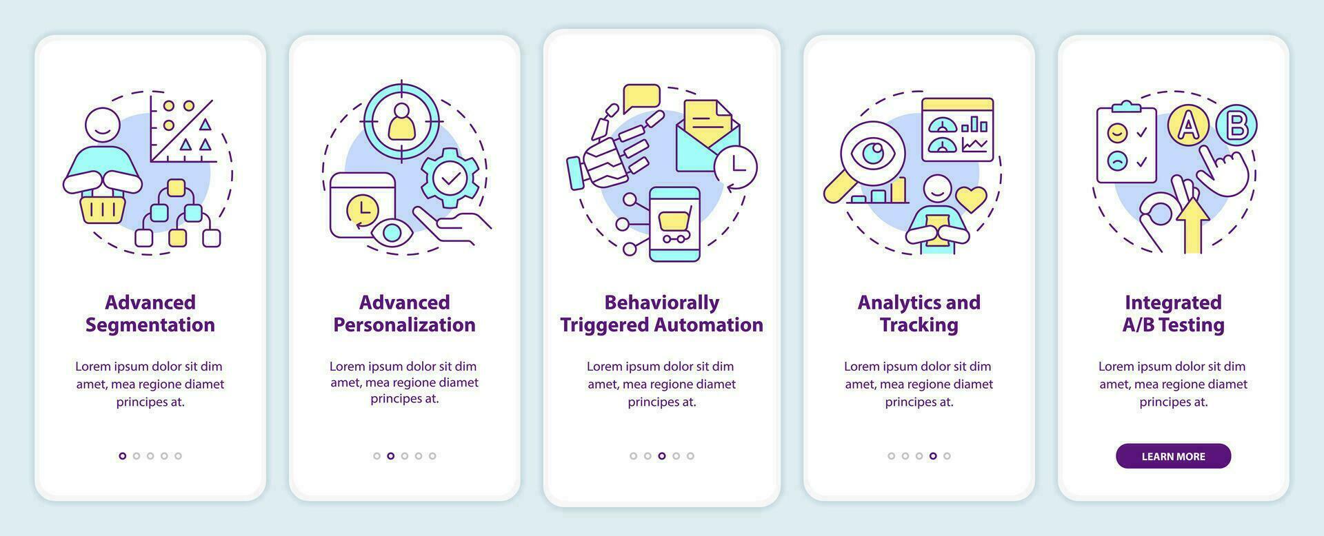 Kunde Engagement Plattform Eigenschaften Onboarding Handy, Mobiltelefon App Bildschirm. Komplettlösung 5 Schritte editierbar Grafik Anleitung mit linear Konzepte. ui, ux, gui Vorlage vektor