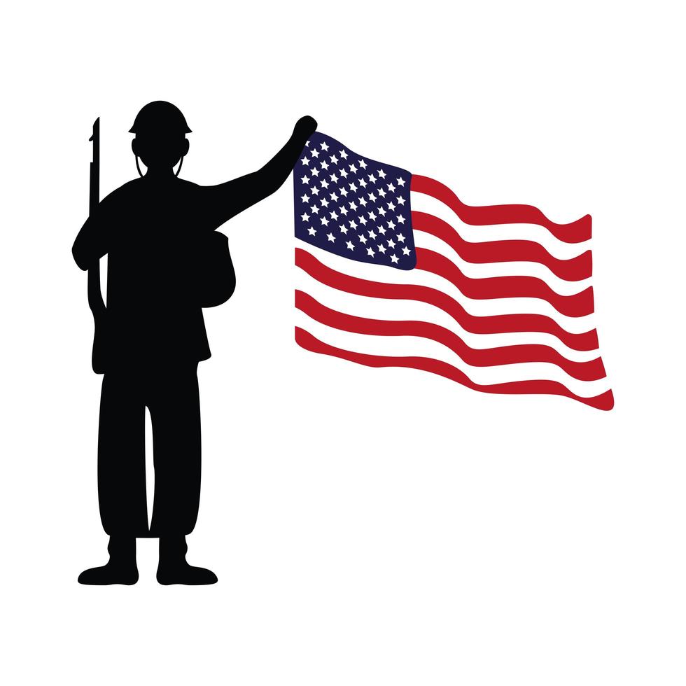 Soldat mit Gewehr Silhouette Figur und USA Flagge vektor