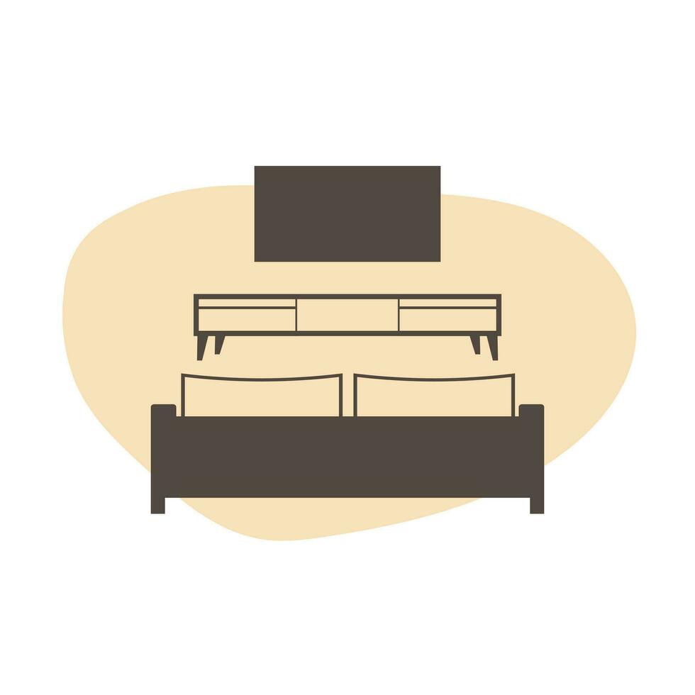 levande rum möbel ikon i trendig platt stil. interiör vektor ikon på abstrakt beige figur bakgrund. soffa, nattduksbord, tv.