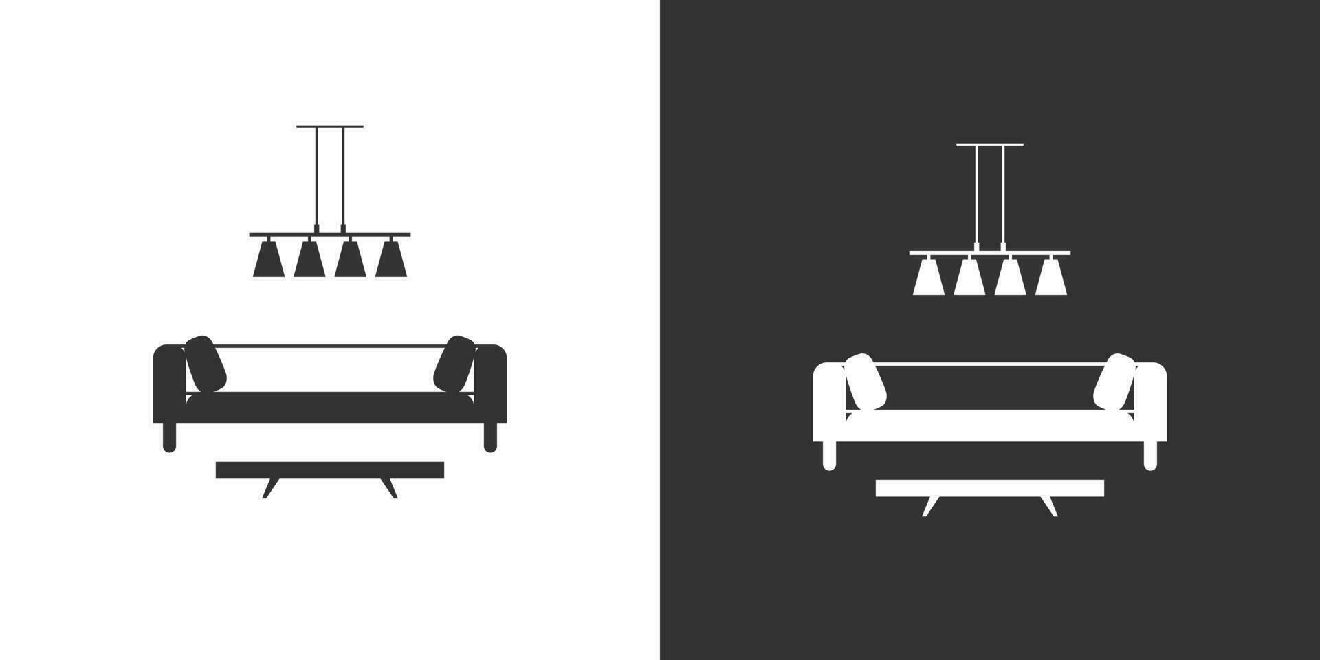 Innere Symbol mit Sofa, Fußboden Lampe, Kaffee Tabelle und Poster. isoliert Vektor Symbol auf schwarz und Weiß Hintergrund