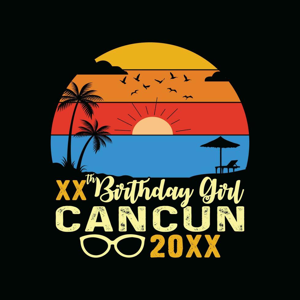 cancun Strand retro T-Shirt, Mexiko Strand Jahrgang retro Sonnenuntergang T-Shirt Design, Familie Strand Urlaub, Urlaub Sommer- Ferien Shirt, 1970er Jahre bunt retro Shirt, Sommer Erinnerungen zusammen Hemd vektor