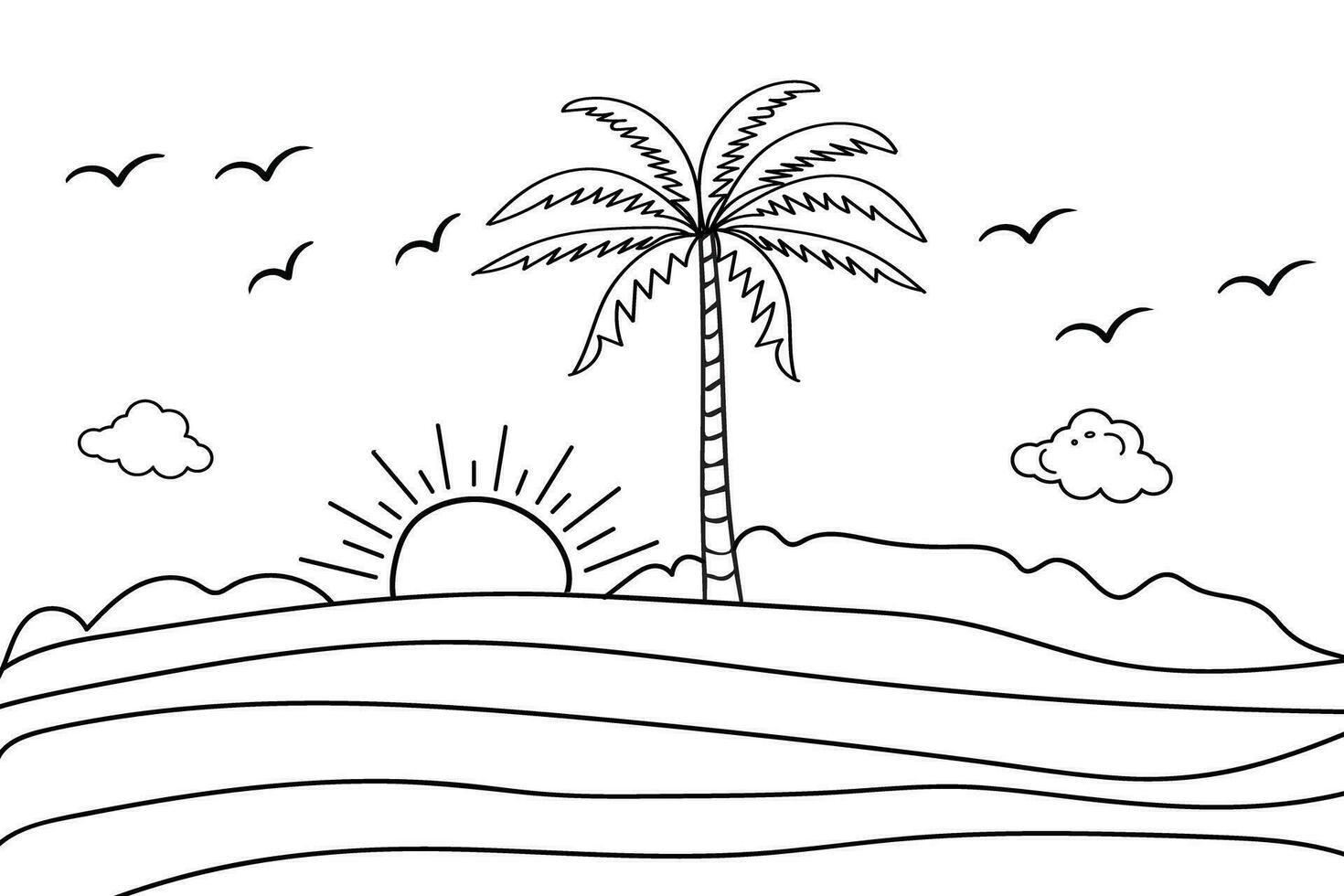 Sommer- Sonnenuntergang tropisch Strand Linie Kunst Vektor Illustration, Hand gezeichnet Sonnenuntergang und Sonnenaufgang Gliederung Landschaft tropisch Strand, Palme Baum mit Sonnenuntergang Wellen Natur Sicht, Kinder Zeichnung Strand Färbung Seiten