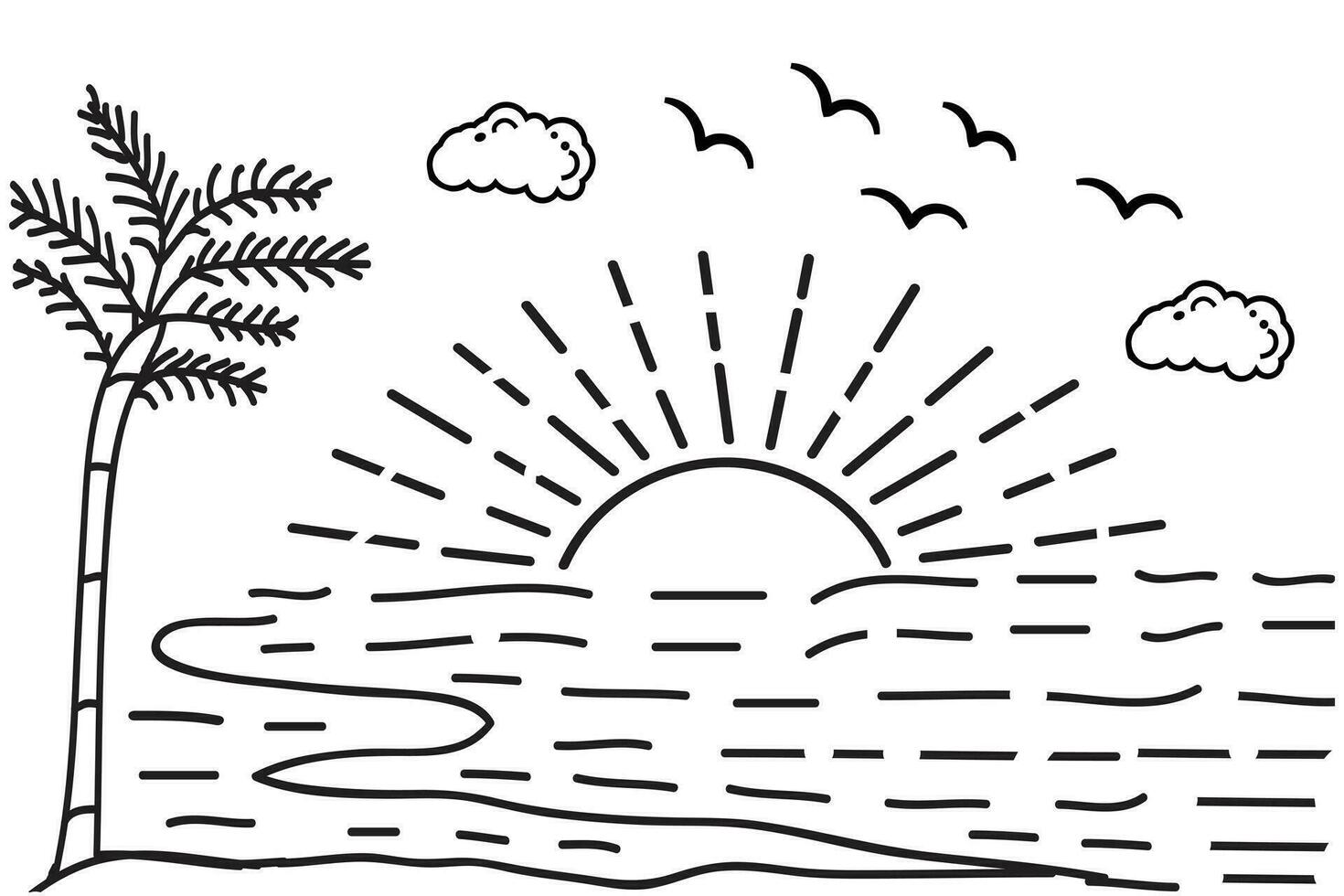 sommar solnedgång tropisk strand linje konst vektor illustration, hand dragen solnedgång och soluppgång översikt landskap tropisk strand, handflatan träd med solnedgång vågor natur se, barn teckning strand färg sidor