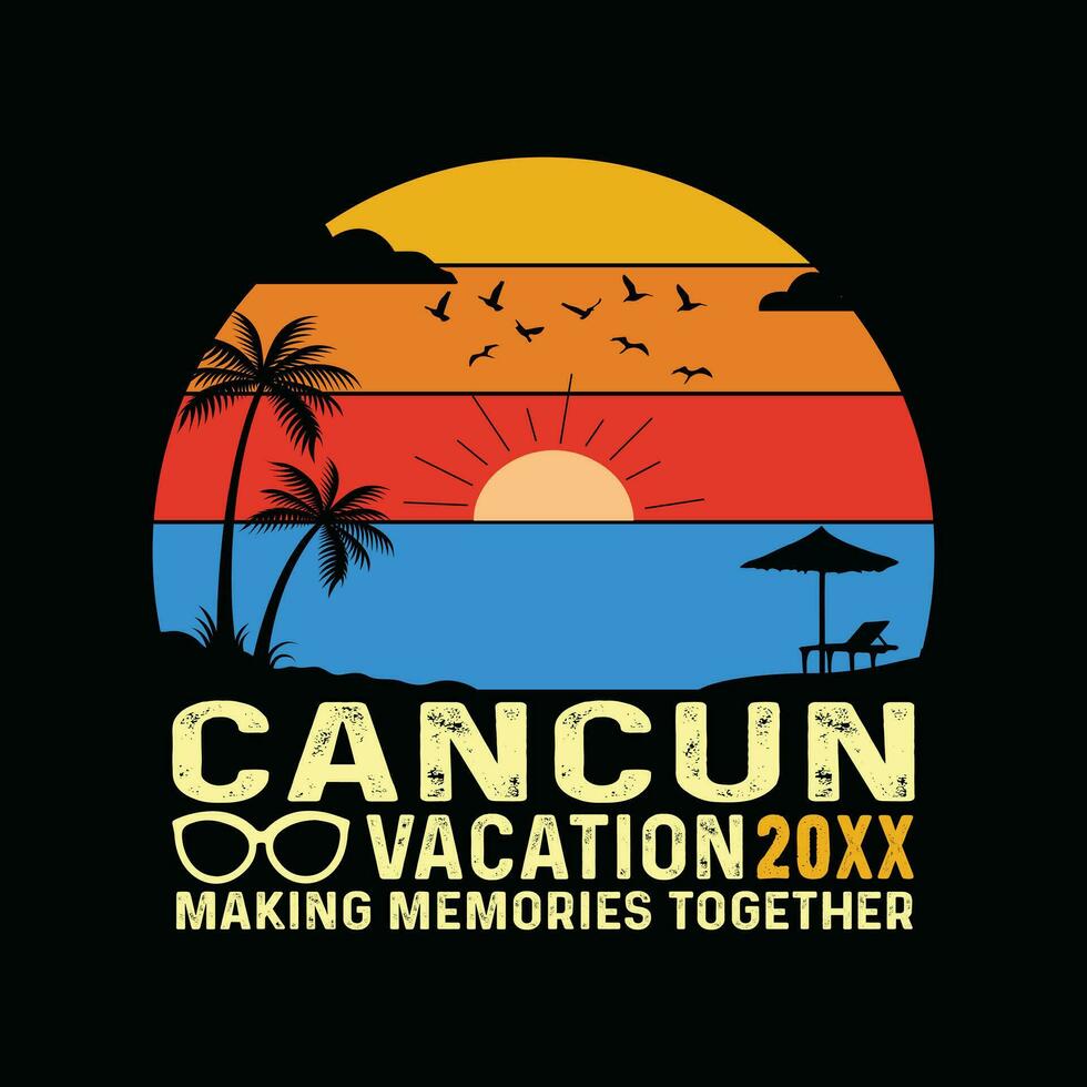 cancun strand retro t-shirt, mexico strand årgång retro solnedgång t-shirt design, familj strand semester, Semester sommar semester skjorta, 1970-talet färgrik retro skjorta, sommartid minnen tillsammans skjorta vektor