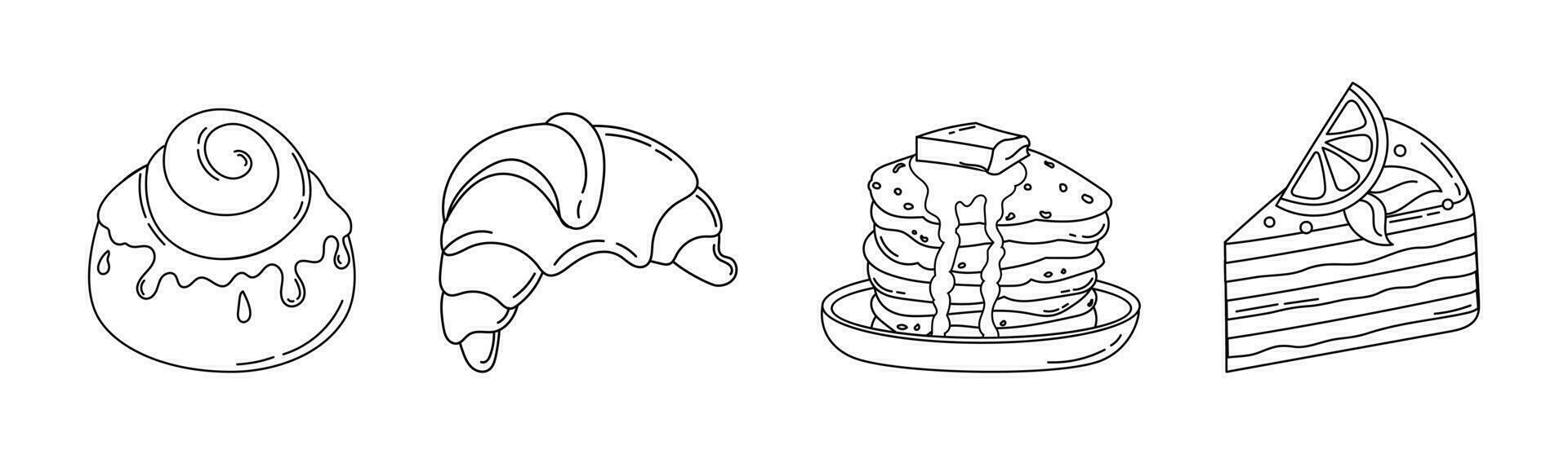 Kuchen Eis Sahne Nachspeisen einstellen von Zeichnungen Vektor schwarz und Weiß Illustration isoliert auf ein Weiß Hintergrund