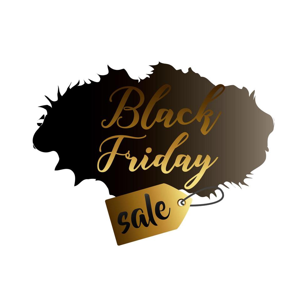 svart fredag försäljningsetikett i svart färgfläck med gyllene bokstäver och tagg vektor