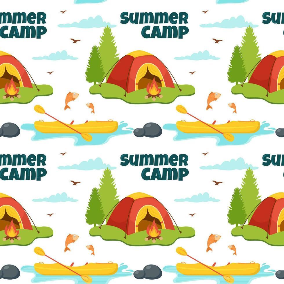 sommar läger sömlös mönster design av camping och reser element i mall hand dragen tecknad serie platt illustration vektor