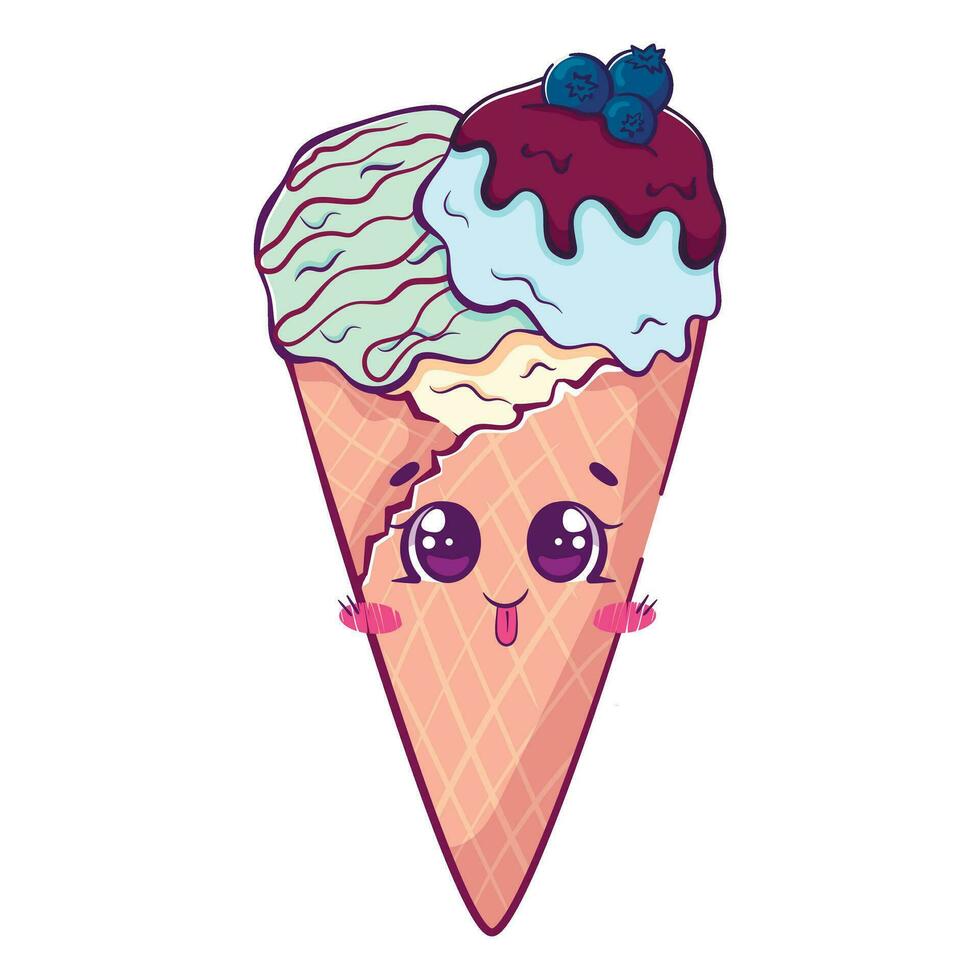 kawaii Karikatur Gekritzel Eis Sahne im ein Waffel Kegel mit Blaubeeren vektor