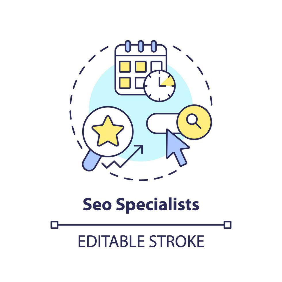 SEO Spezialisten Konzept Symbol. Webseite Rangfolge. Suche Motor Optimierung. Inhalt Strategie. Digital Marketing abstrakt Idee dünn Linie Illustration. isoliert Gliederung Zeichnung. editierbar Schlaganfall vektor