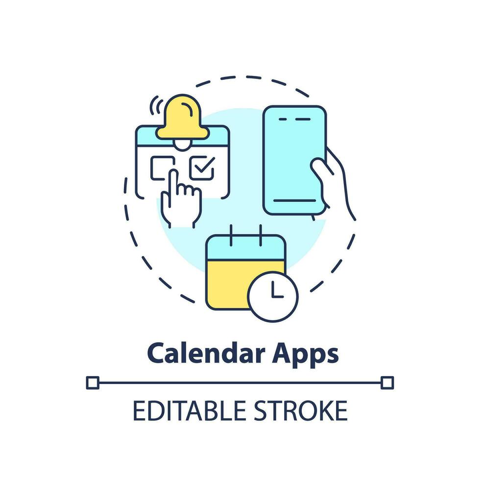 kalender appar begrepp ikon. tid förvaltning. team arbete. innehåll kalender. öka produktivitet. uppgift chef abstrakt aning tunn linje illustration. isolerat översikt teckning. redigerbar stroke vektor