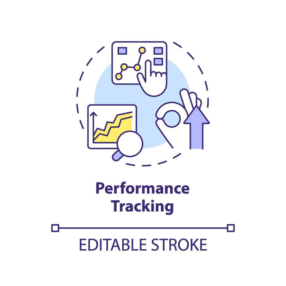 Performance Verfolgung Konzept Symbol. messen Erfolg. Geschäft Analytik. Marketing Strategie. Produktivität Messung abstrakt Idee dünn Linie Illustration. isoliert Gliederung Zeichnung. editierbar Schlaganfall vektor