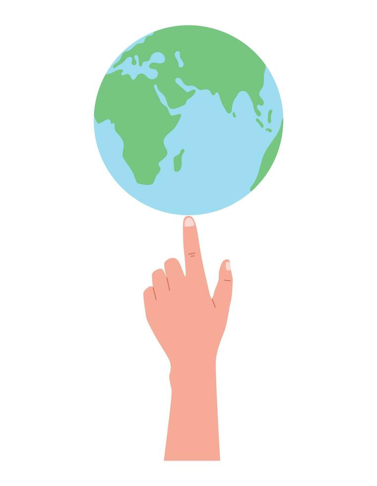 Karikatur Mensch Hand Spinnen das Planet Erde auf das Index Finger. Vektor eben isoliert Illustration zeigen ein Finger beim das Globus.