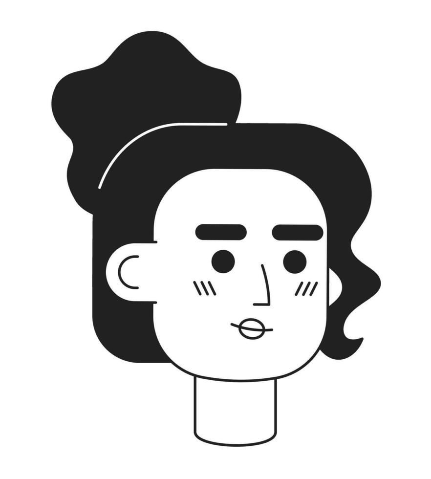 upptagen ung vuxen affärskvinna med rörig bulle hår svartvit platt linjär karaktär huvud. redigerbar översikt hand dragen mänsklig ansikte ikon. 2d tecknad serie fläck vektor avatar illustration för animering