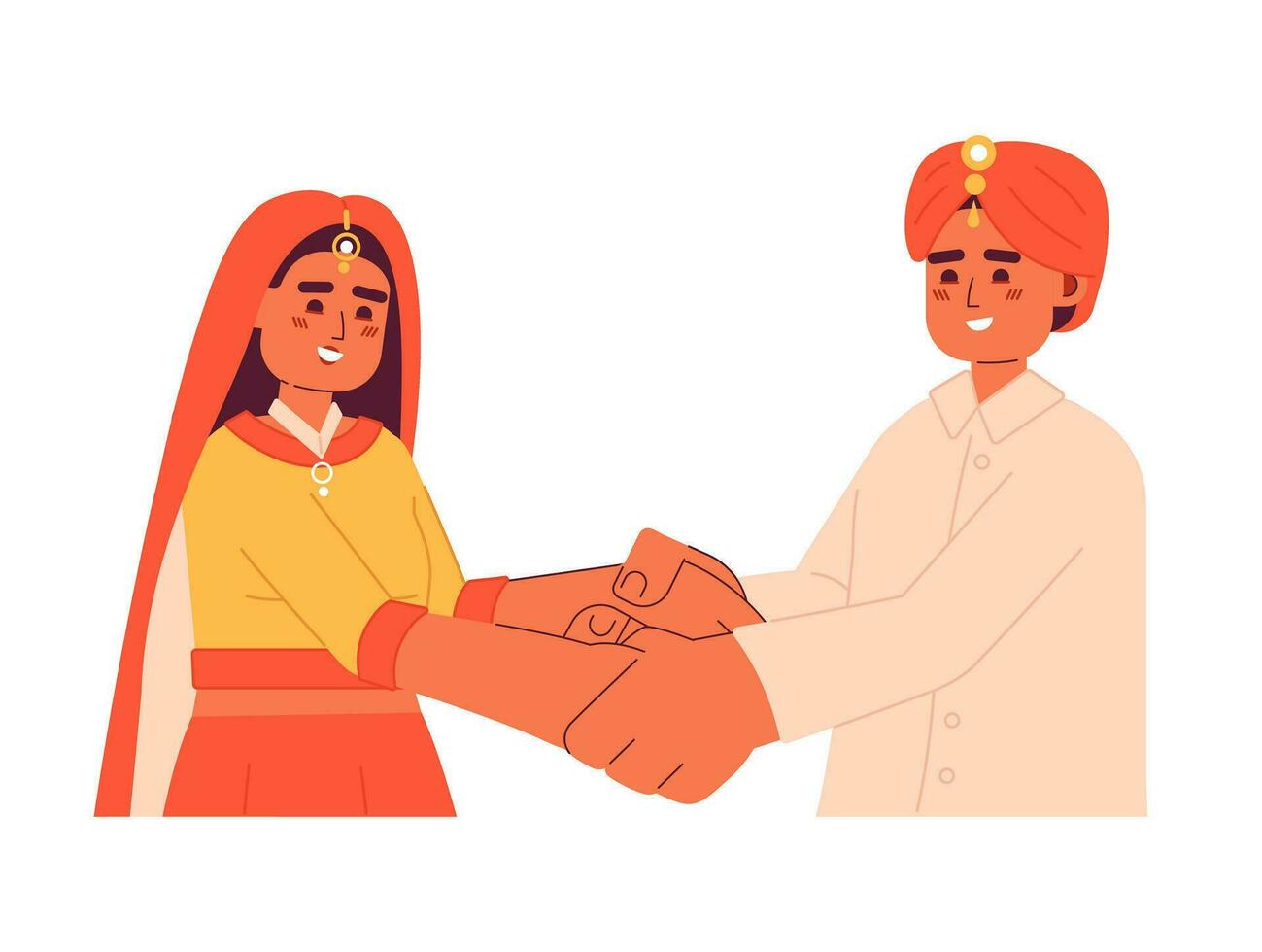 Hindu Hochzeit Paar halten Hände halb eben bunt Vektor Figuren. glücklich indisch Bräutigam und Braut. editierbar Hälfte Körper Menschen auf Weiß. einfach Karikatur Stelle Illustration zum Netz Grafik Design