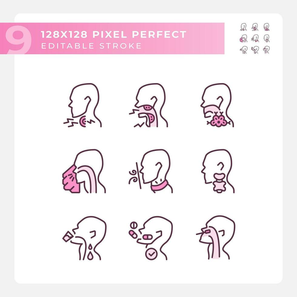 Kehle Krankheiten Pixel perfekt rgb Farbe linear Symbole Satz. Typen von gefährlich medizinisch Probleme. Untersuchung von Patienten. isoliert Vektor Illustration. einfach gefüllt Linie Zeichnung. editierbar Schlaganfall