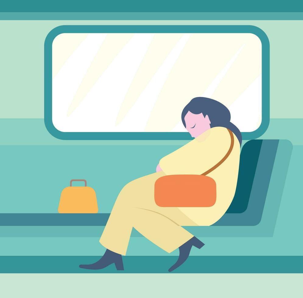 jung Frau Schlafen auf Öffentlichkeit Transit eben Stil Vektor Illustration , müde Dame Schlafen auf Öffentlichkeit Bus oder Zug einfach Vektor Bild