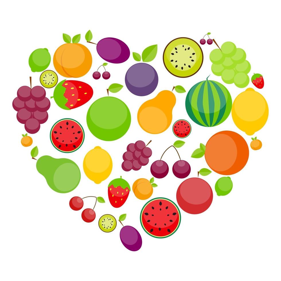Apfel, Orange, Pflaume, Kirsche, Zitrone, Limette, Wassermelone, Erdbeeren, Kiwi, Pfirsiche, Trauben und Birne in Form eines Herzens vektor