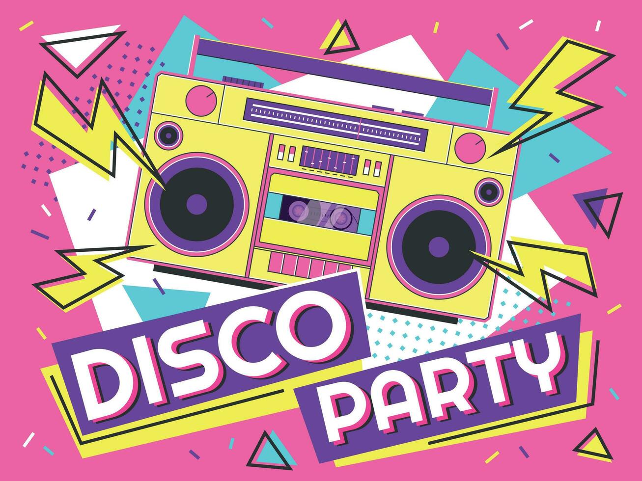 disko fest baner. retro musik affisch, 90s radio och tejp kassett spelare skraj färgrik design vektor bakgrund illustration