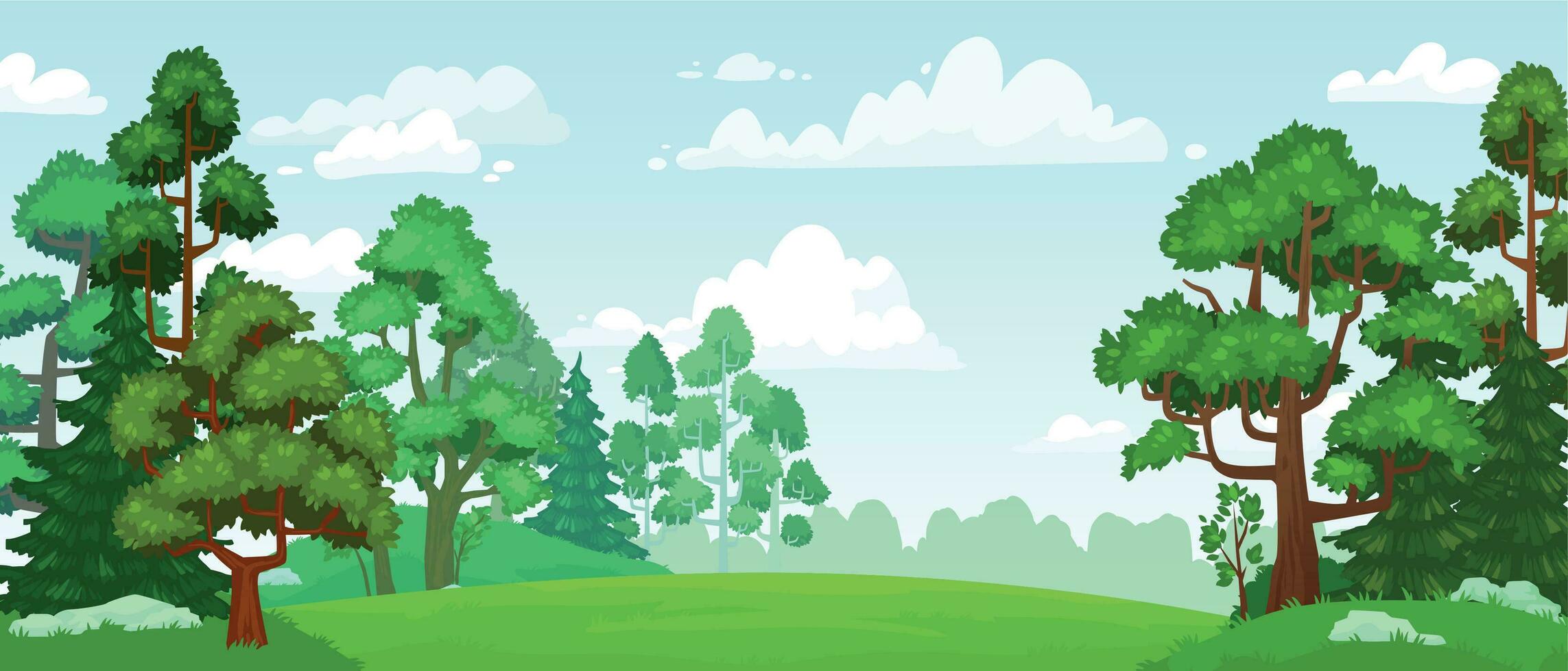 tecknad serie skog glänta. grön gräsmark, naturlig blomstrande skog fält landskap och sommar himmel med moln vektor bakgrund illustration
