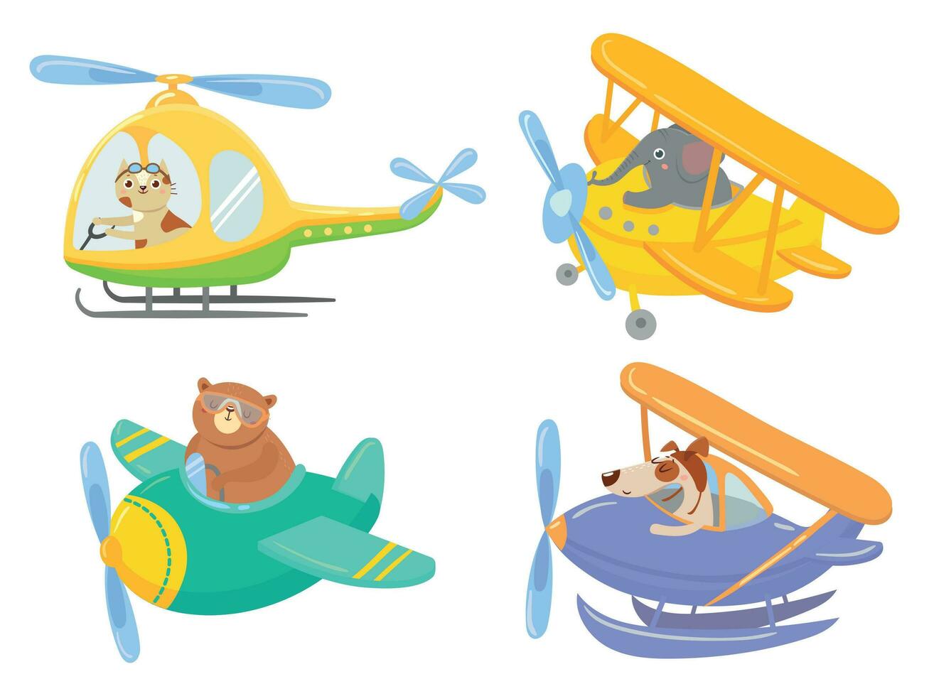 söt djur på luft transport. djur- pilot, sällskapsdjur i helikopter och flygplan resa barn tecknad serie illustration uppsättning vektor