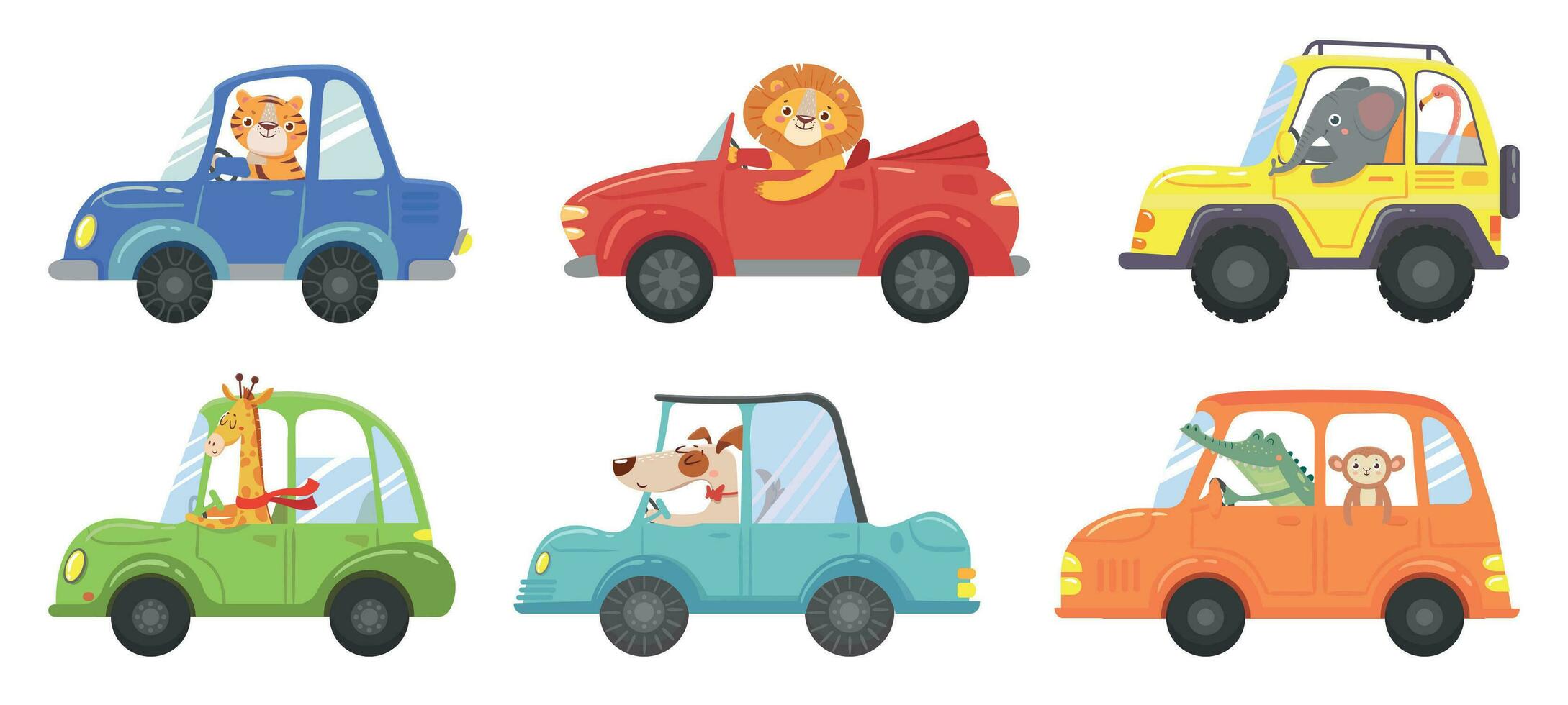 süß Tiere im komisch Autos. Tier Treiber, Haustiere Fahrzeug und glücklich Löwe im Auto Kind Vektor Karikatur Illustration einstellen