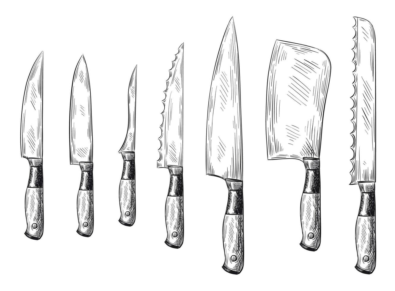 hand dragen middag kniv. årgång kock knivar, graverat kök kniv vektor illustration uppsättning