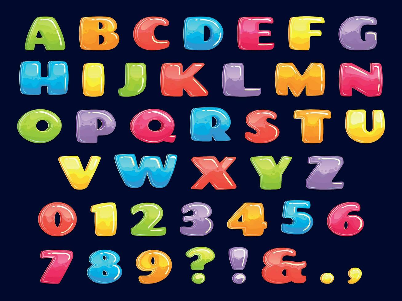 Färg tecknad serie font. knubbig färgad brev, roligt barn spel alfabet och rolig barn brev vektor illustration uppsättning