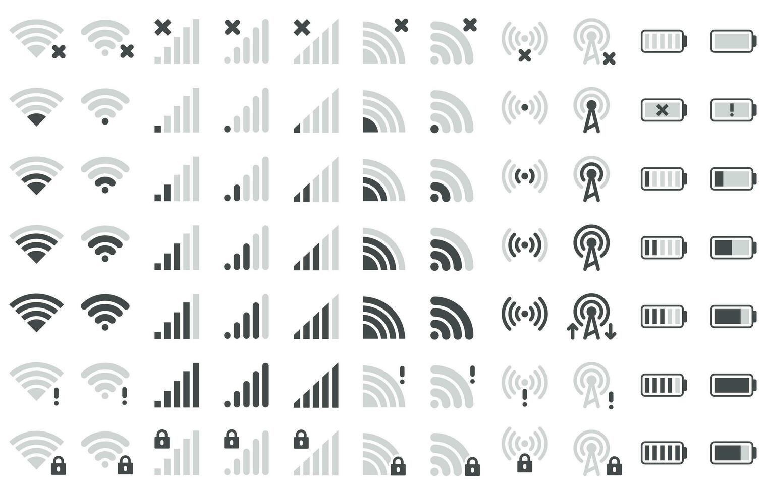 Handy, Mobiltelefon Telefon Bar Symbole. Smartphone Batterie aufladen eben, W-lan Signal Stärke Symbol und Netzwerk Verbindung Ebenen Piktogramm Vektor einstellen