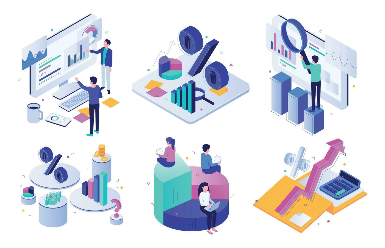 finanziell Prüfung. Budget Graph, MwSt Experte und Geschäft Finanzen Balance Bewertung isometrisch 3d Vektor Illustration einstellen